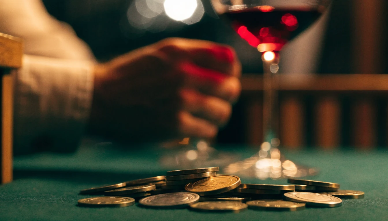 Fichas de casino doradas y moneda de cinco euros sobre mesa de fieltro verde