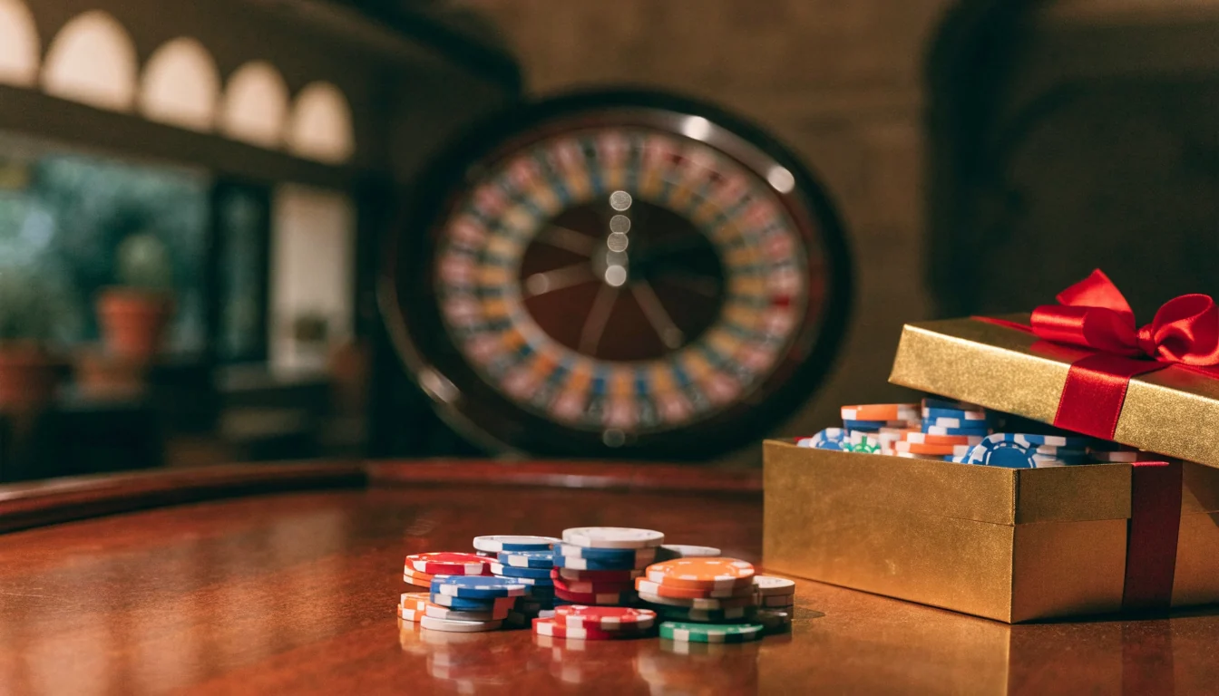 Mesa de casino con fichas de póker y ruleta, caja de regalo dorada con cinta roja