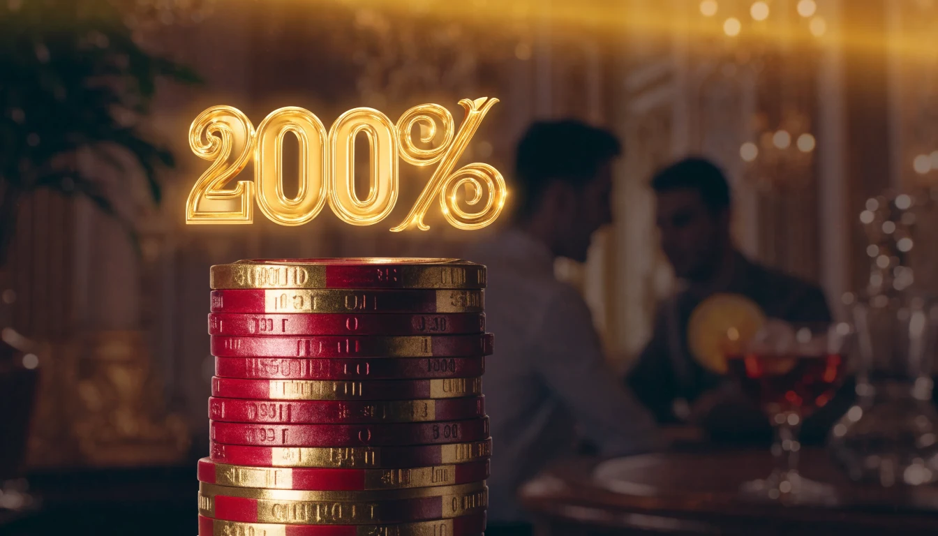 Fichas de casino doradas y rojas con un emblema brillante del 200%