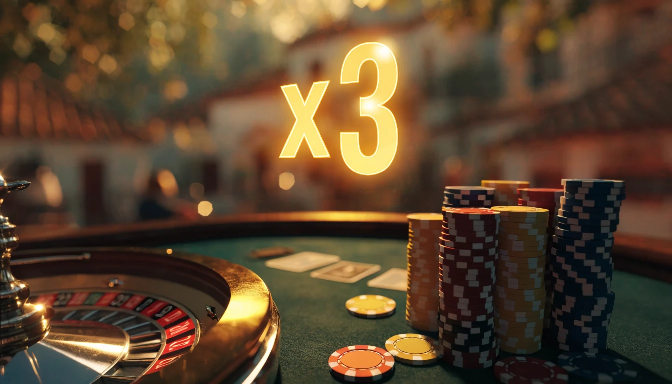 Mesa de casino con fichas, ruleta y símbolo dorado x3