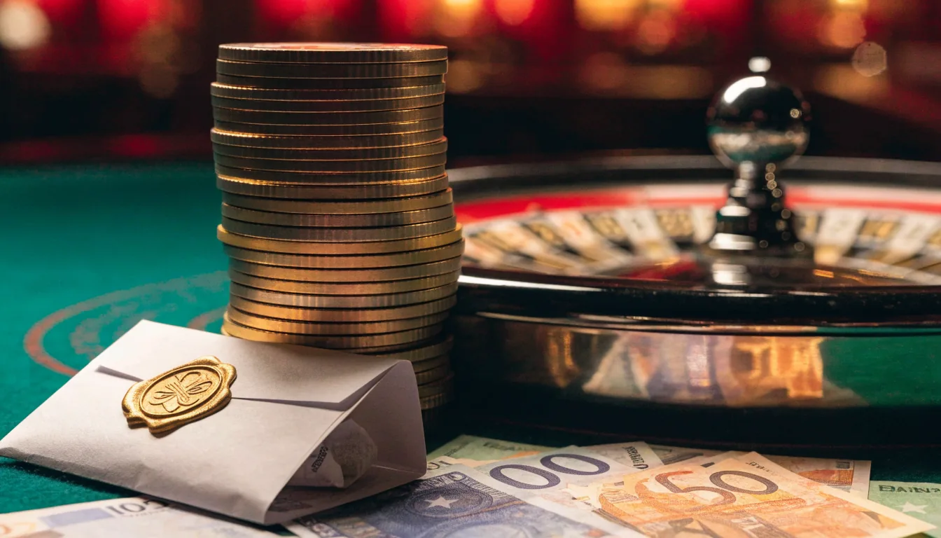 Fichas de casino doradas y ruleta sobre mesa de fieltro verde con sobre de regalo