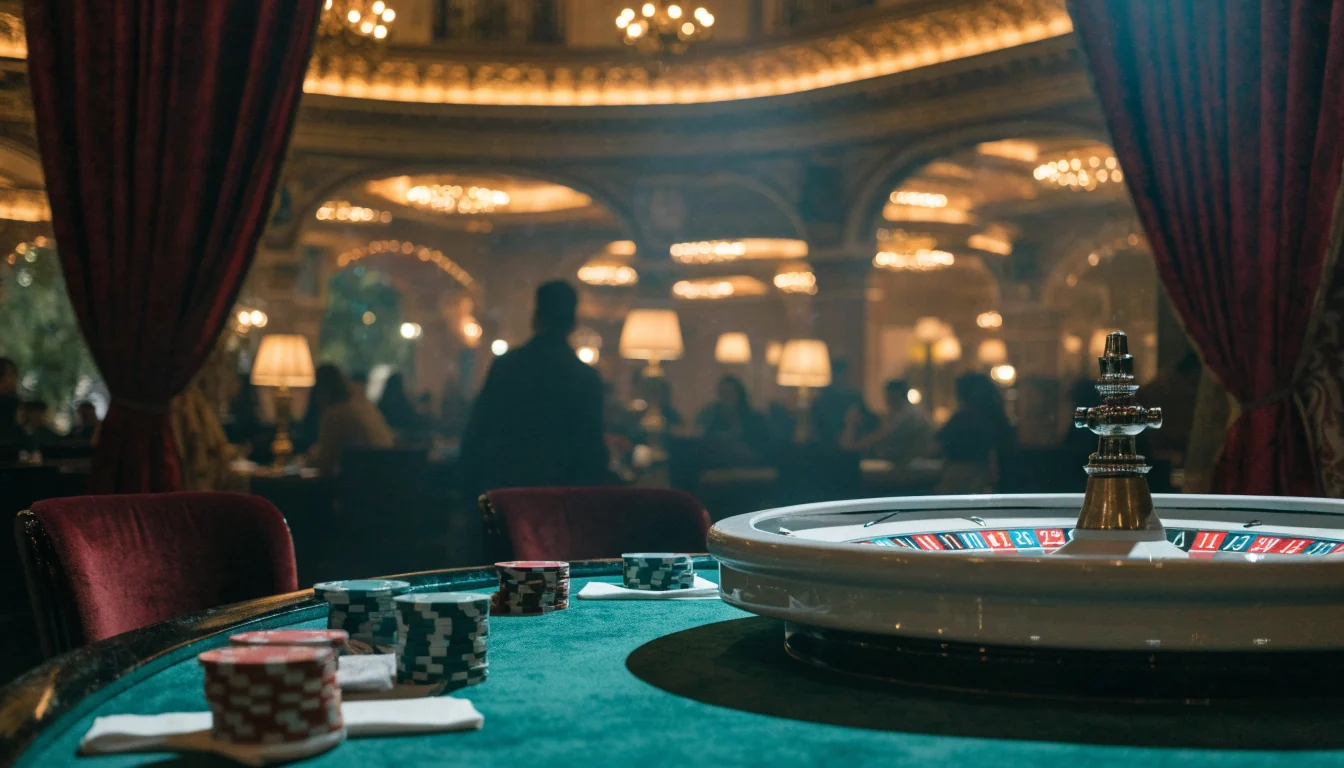 Elegante interior de casino con mesa de ruleta y fichas de colores
