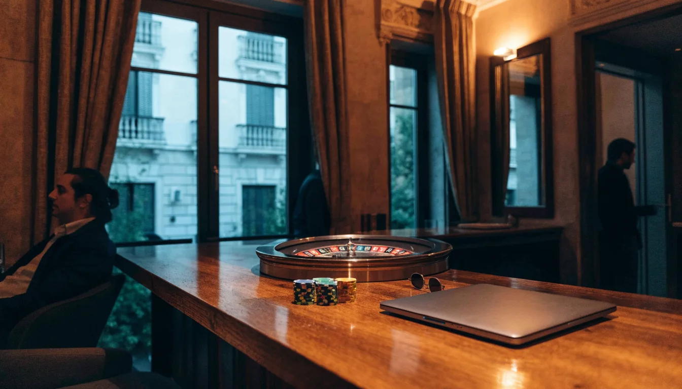 Escena de salón de casino en España con fichas y ruleta