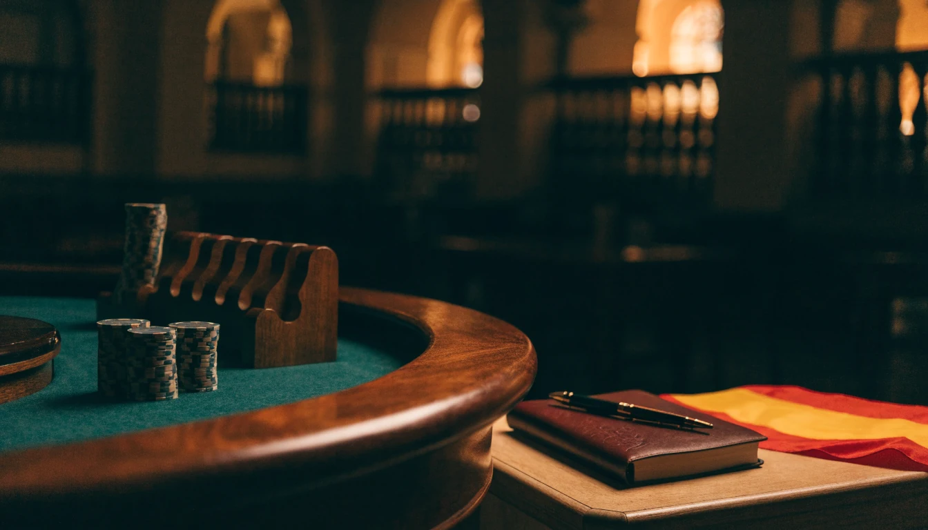 Mesa de ruleta con fichas en un casino español iluminado con tonos dorados