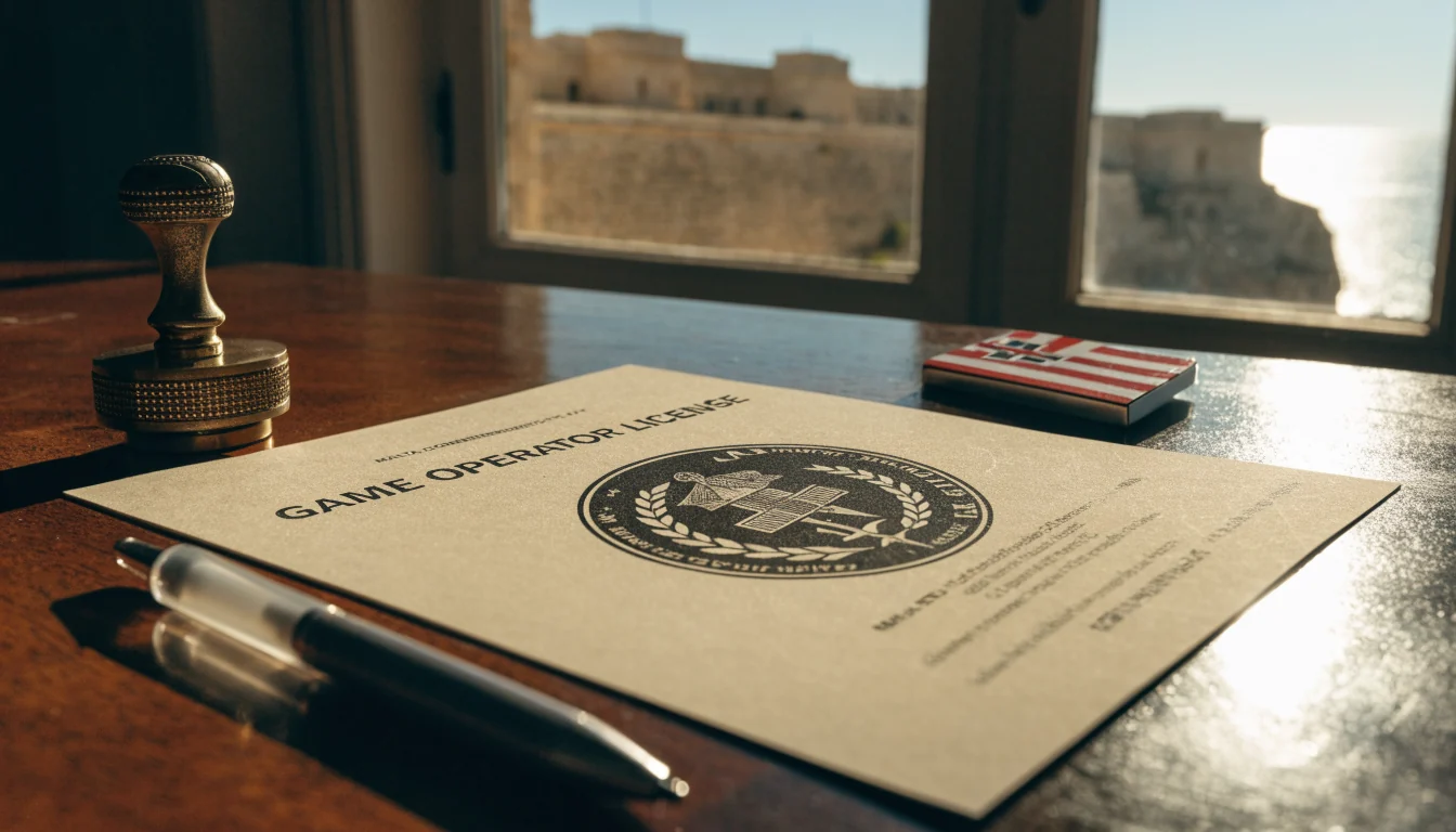 Certificado de licencia de juego maltesa sobre escritorio con bandera de Malta