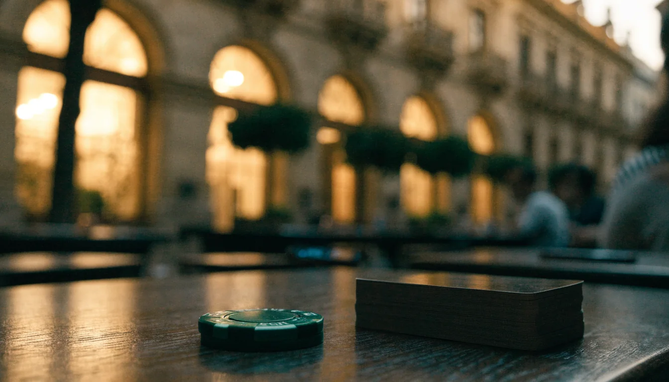 Mesa de casino con fichas y cartas en una ciudad española al atardecer