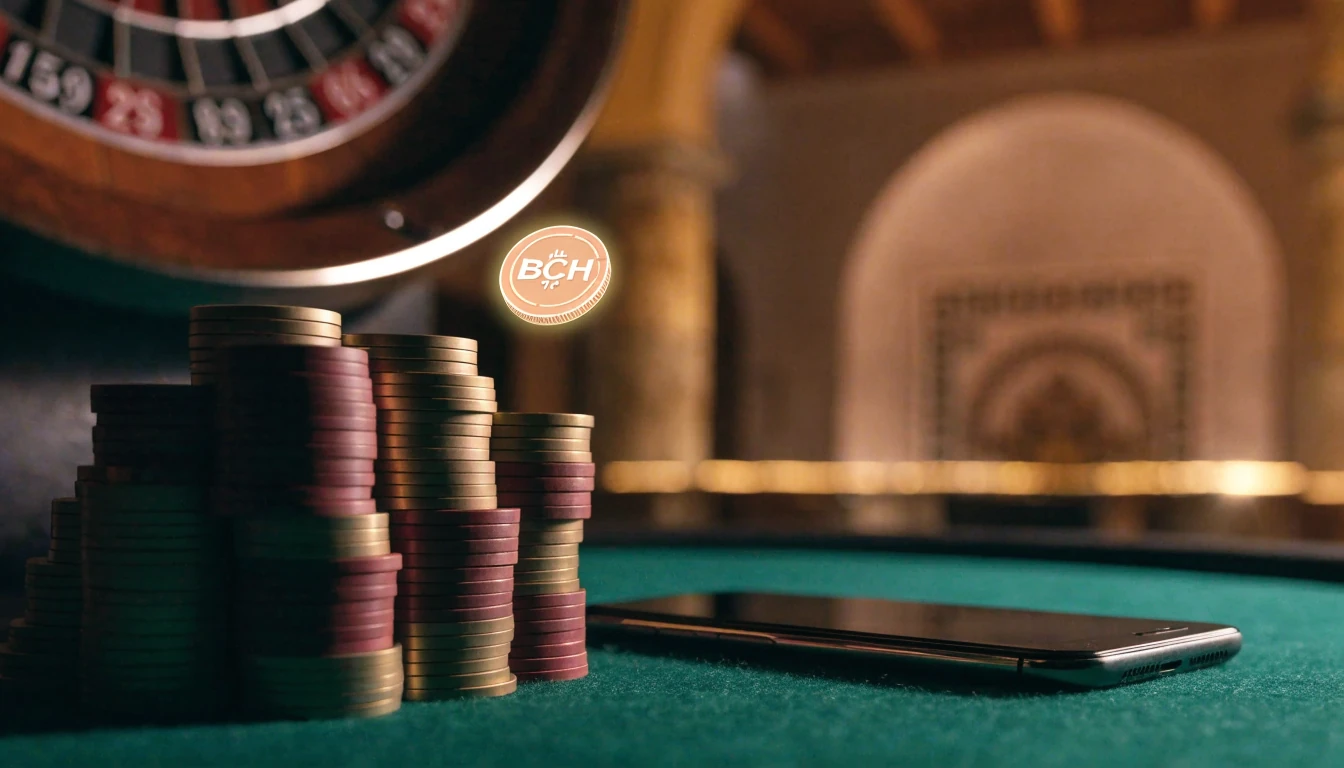 Mesa de casino con fichas, ruleta y moneda Bitcoin Cash flotante