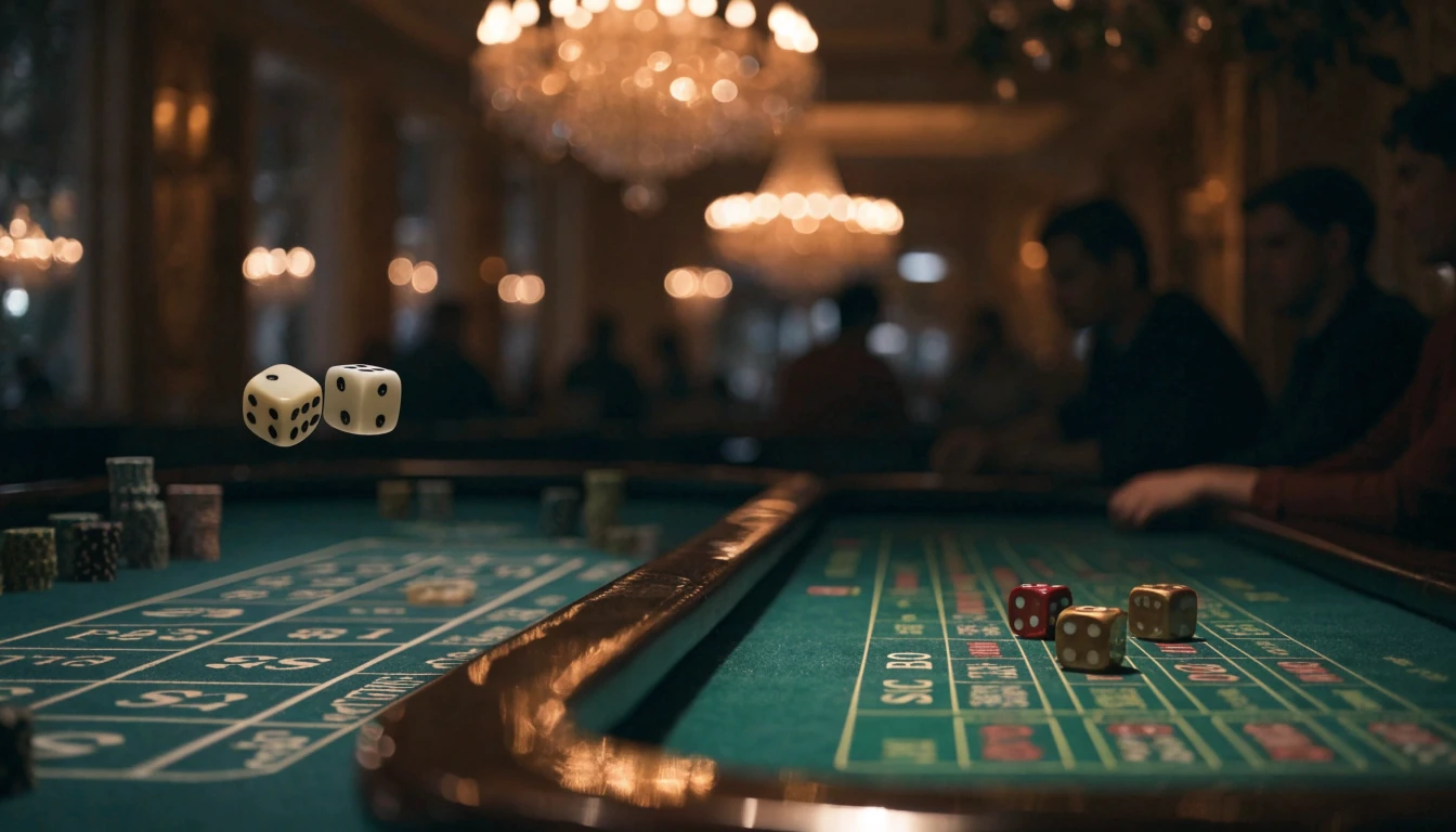 Dados de casino sobre mesas de craps y sic bo iluminadas con luz cálida