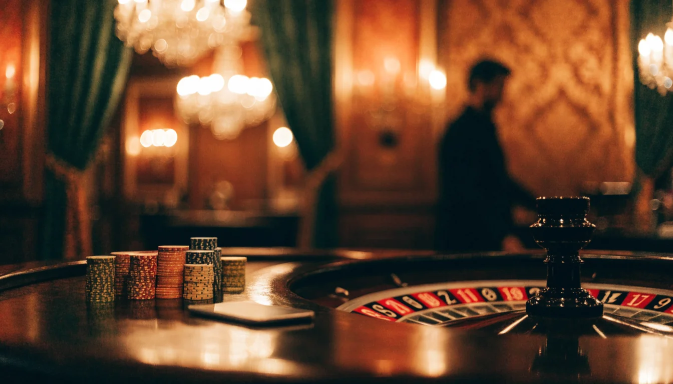Mesa de ruleta con fichas y teléfono boca abajo en un casino elegante español