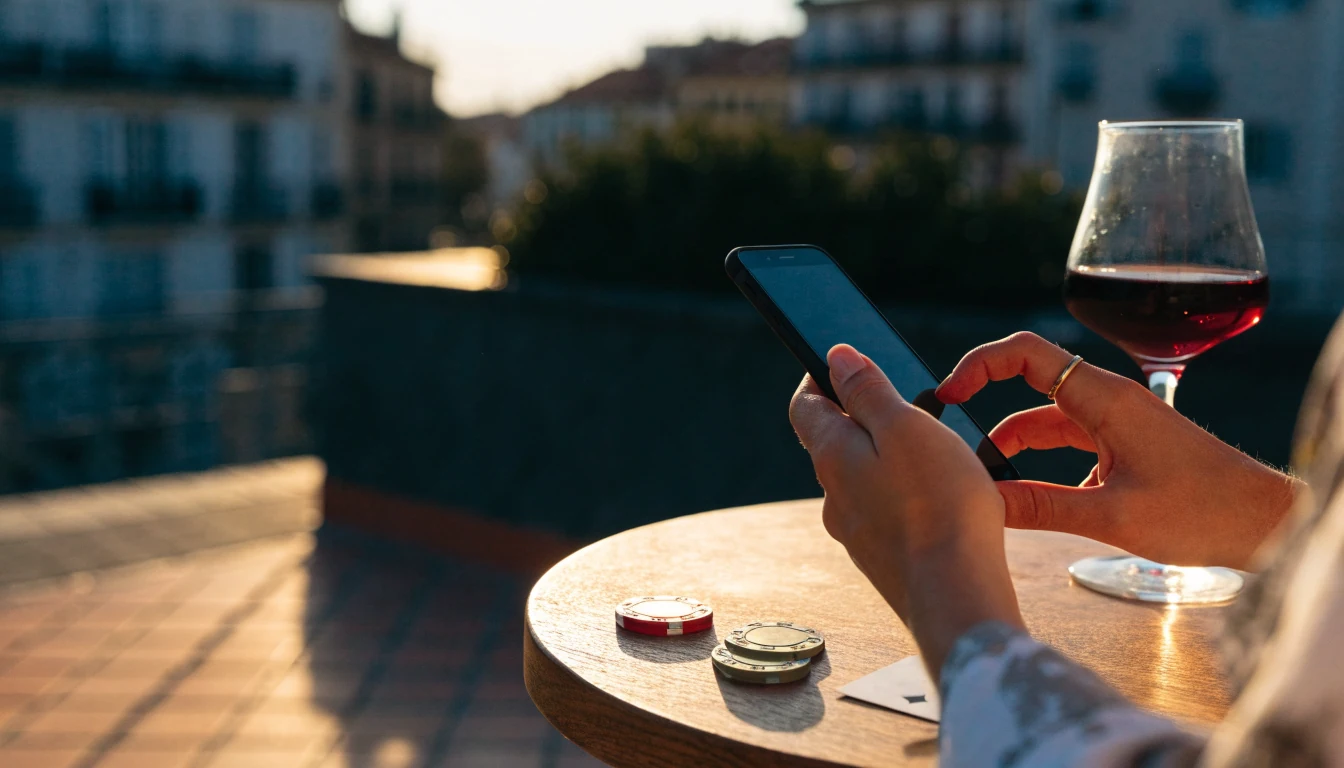 Manos sosteniendo un móvil en una terraza española con fichas de póker