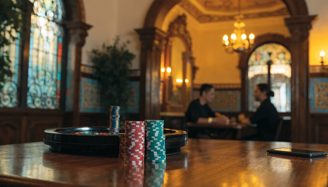 Sala de casino elegante con fichas de póquer y ruleta sobre mesa de madera