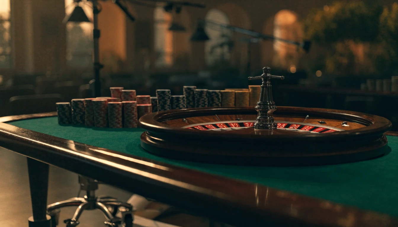 Estudio profesional de casino en vivo con ruleta de madera y fichas
