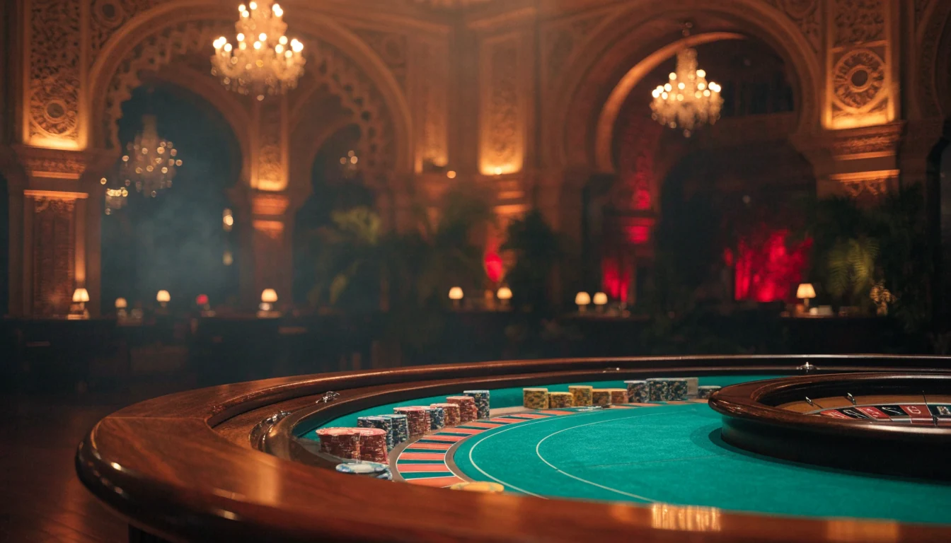 Elegancia de casino español con mesa de ruleta y fichas iluminadas con luz dorada
