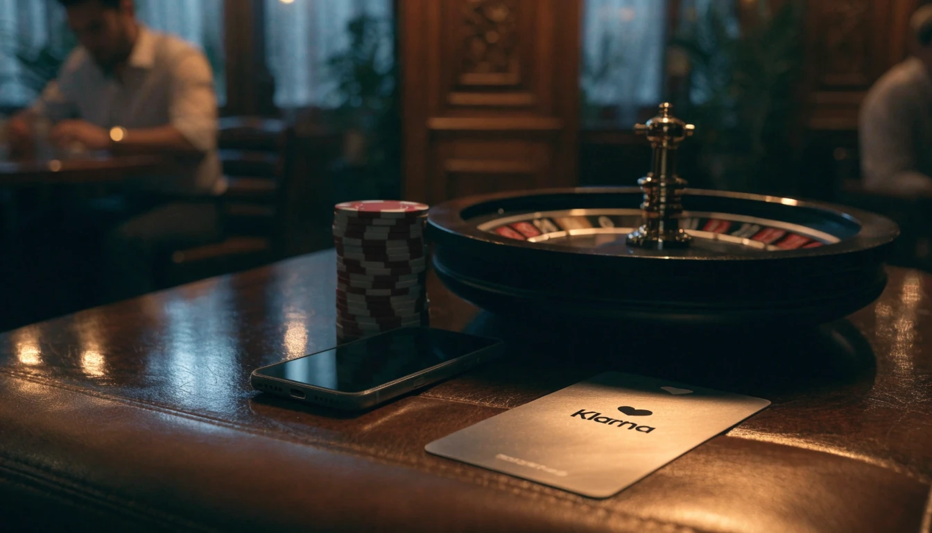 Mesa de casino con fichas, ruleta y tarjeta Klarna en lounge español