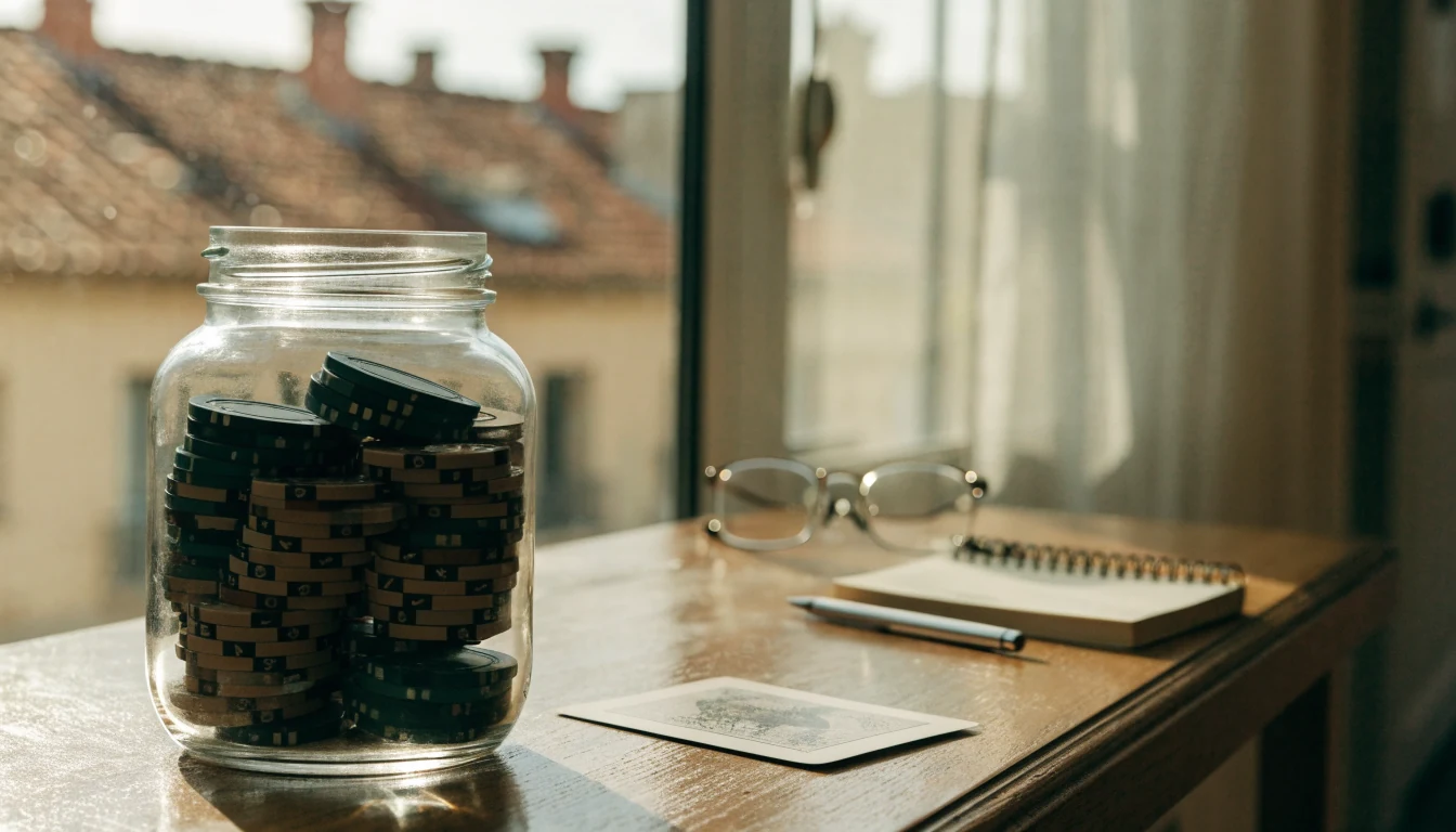 Fichas de casino, cuaderno y gafas sobre mesa de madera iluminada por luz natural.