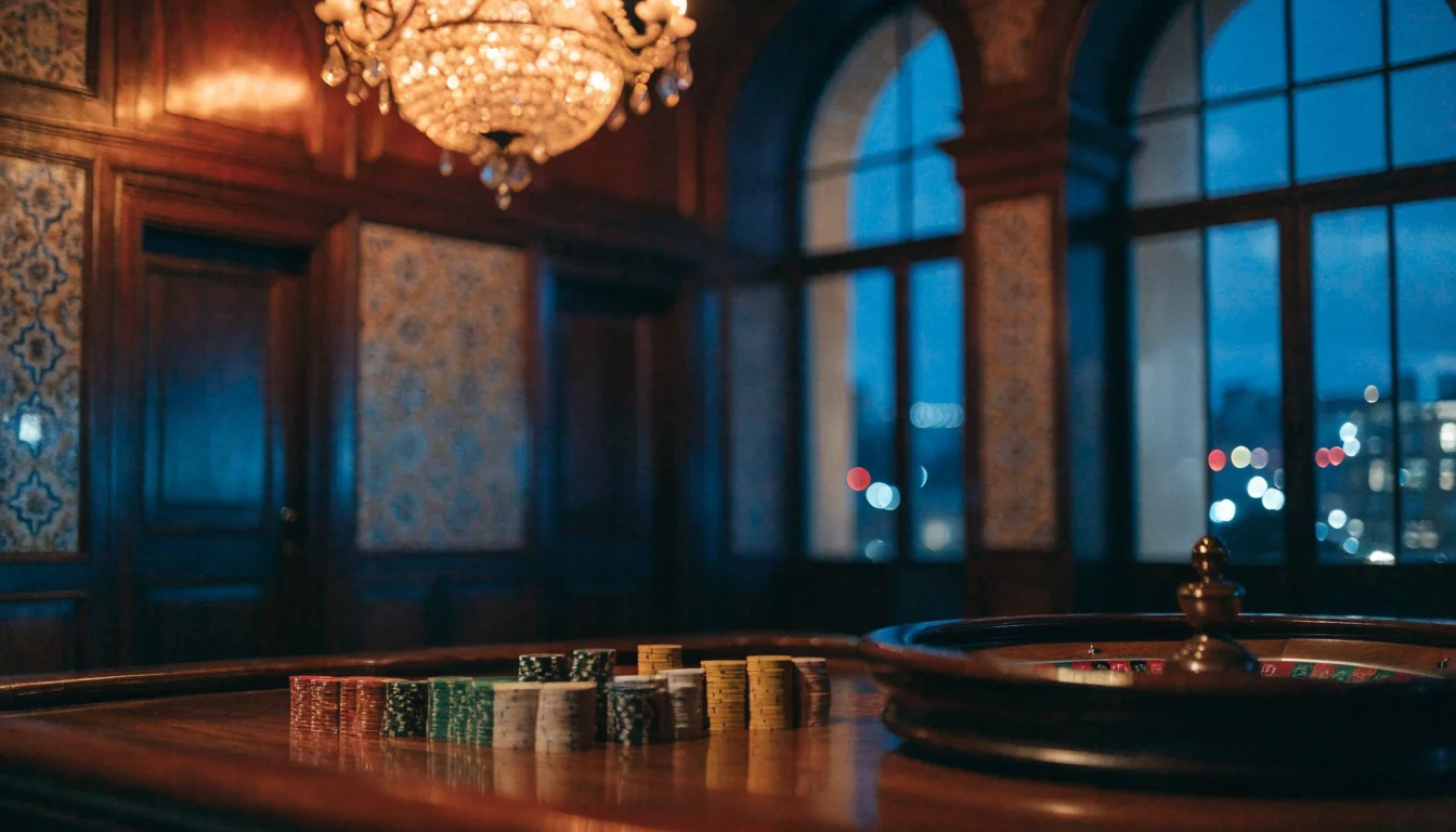 Elegante mesa de ruleta con fichas de casino en un salón español iluminado