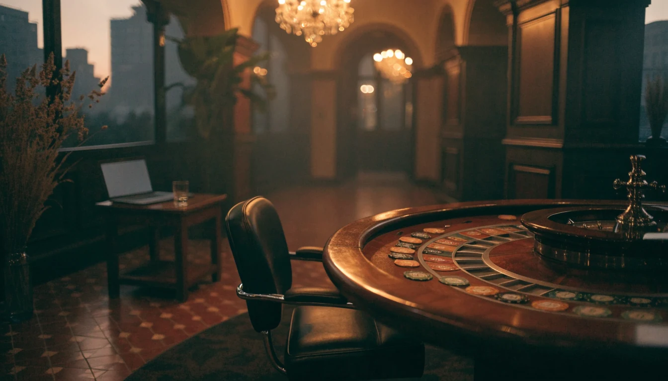 Elegante salón de casino español con mesa de ruleta y fichas iluminadas por luz cálida