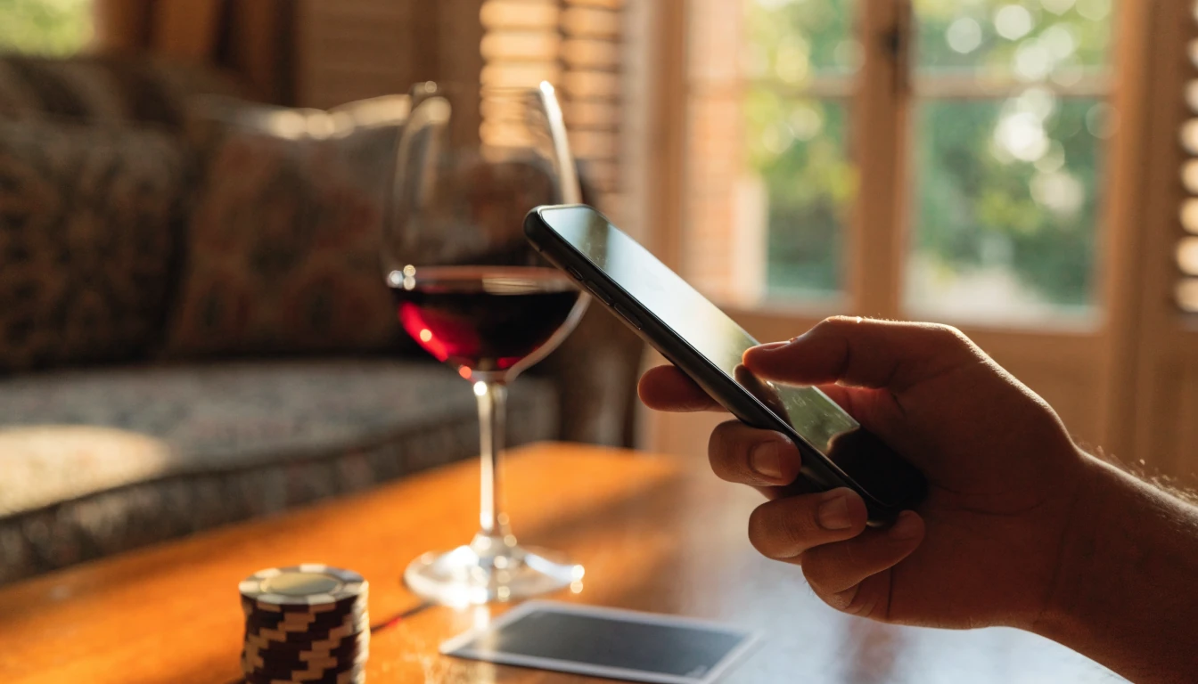 Mano con iPhone y Apple Pay junto a fichas de casino en interior mediterráneo español