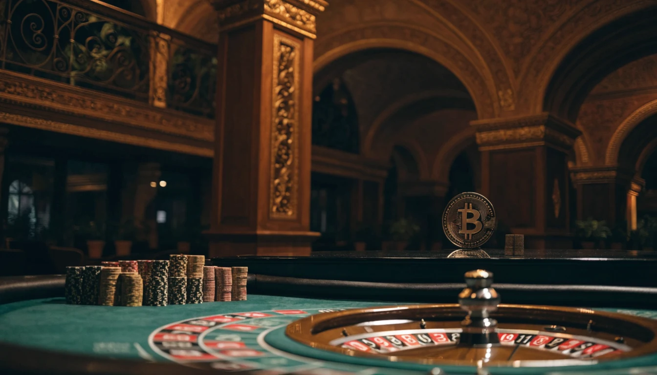 Mesa de ruleta elegante con fichas doradas y moneda Bitcoin junto a arquitectura española