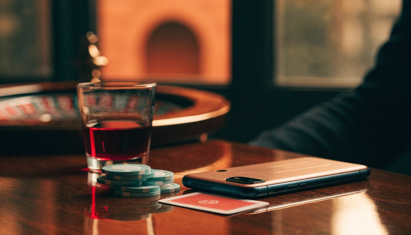 Móvil moderno junto a fichas de casino, carta y ruleta en ambiente elegante español