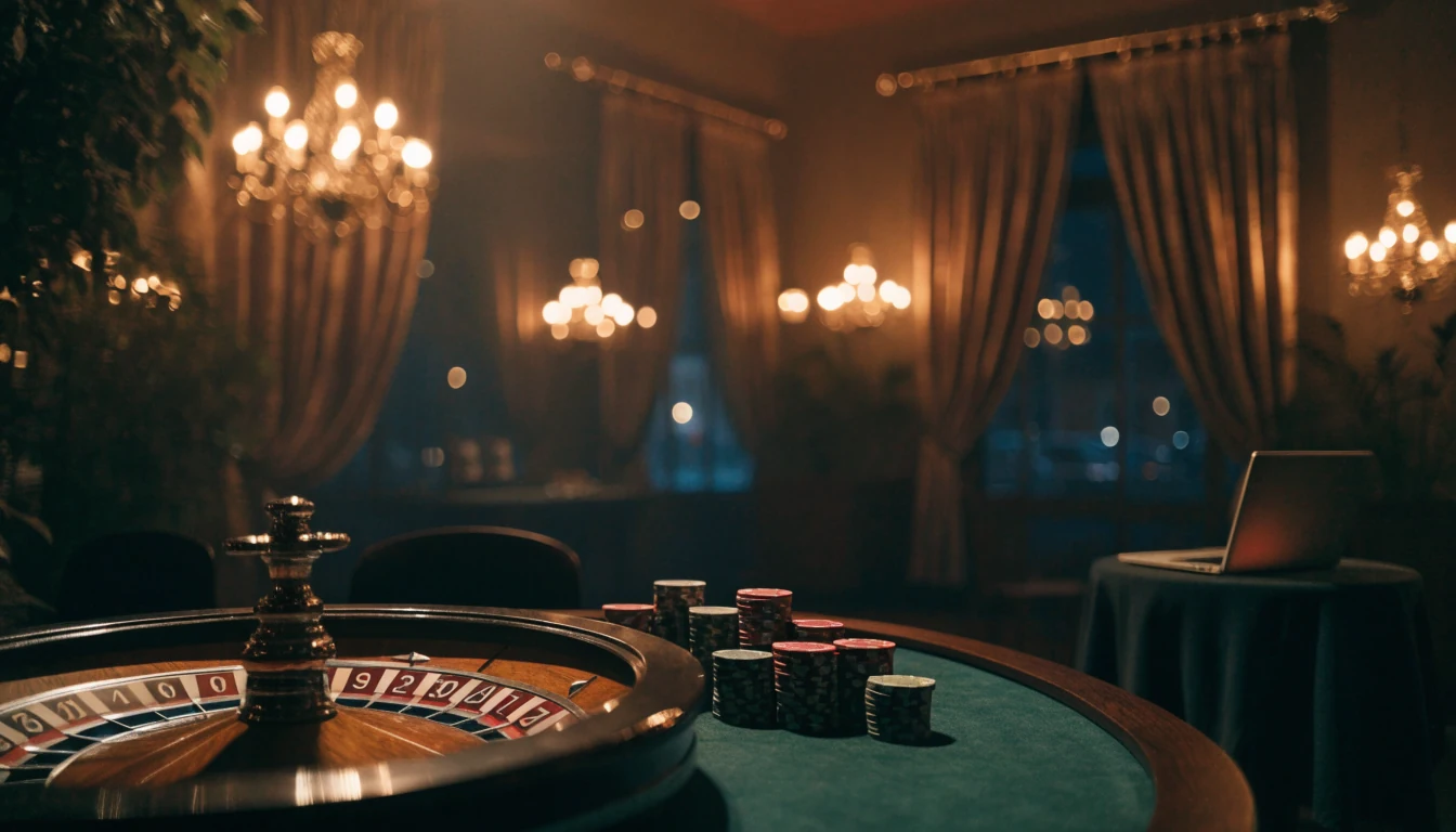 Elegante salón de casino español con ruleta y fichas iluminado con luz dorada