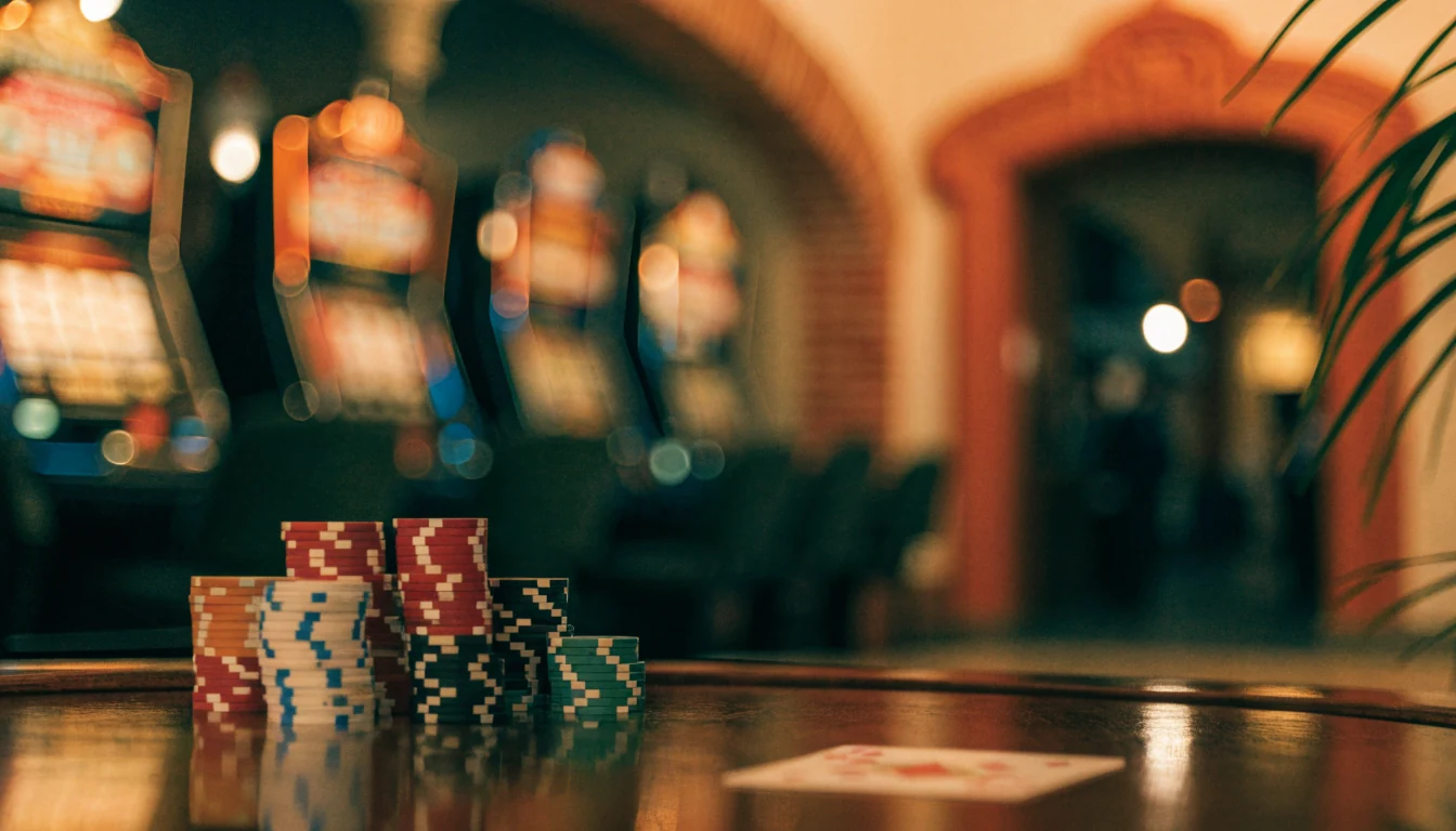 Sala de casino elegante con fichas y carta sobre mesa de madera