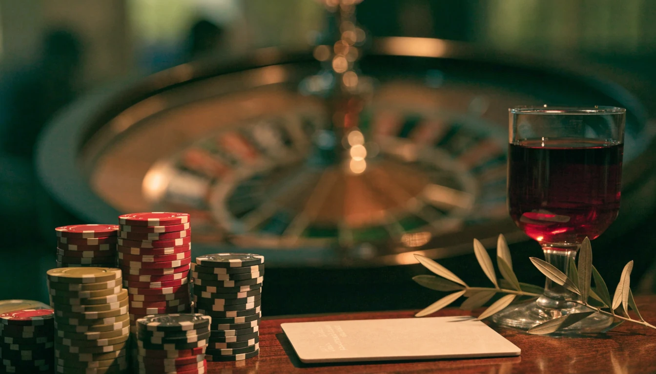 Mesa de casino española con fichas de póquer, ruleta al fondo y vale prepago