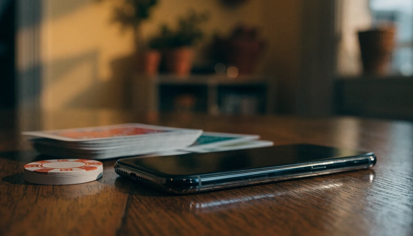 Smartphone boca abajo junto a fichas y cartas en una mesa española.