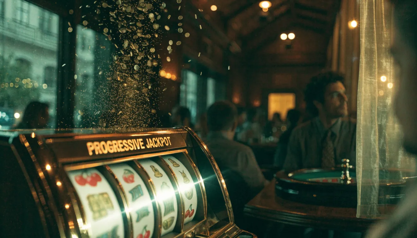 Máquina tragaperras con monedas doradas brillando en un salón de casino español