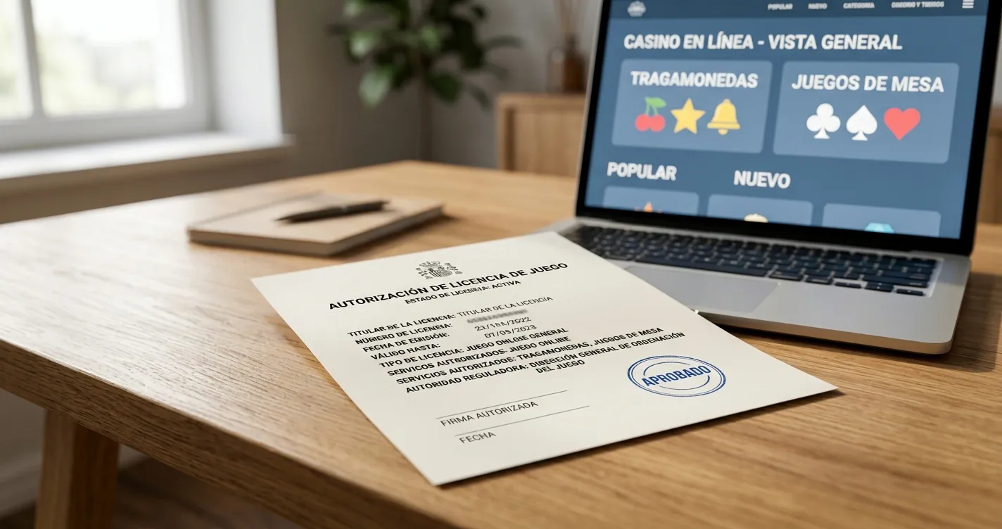 Mejores casinos sin licencia en España 2026: escritorio con documento de licencia y portátil abierto